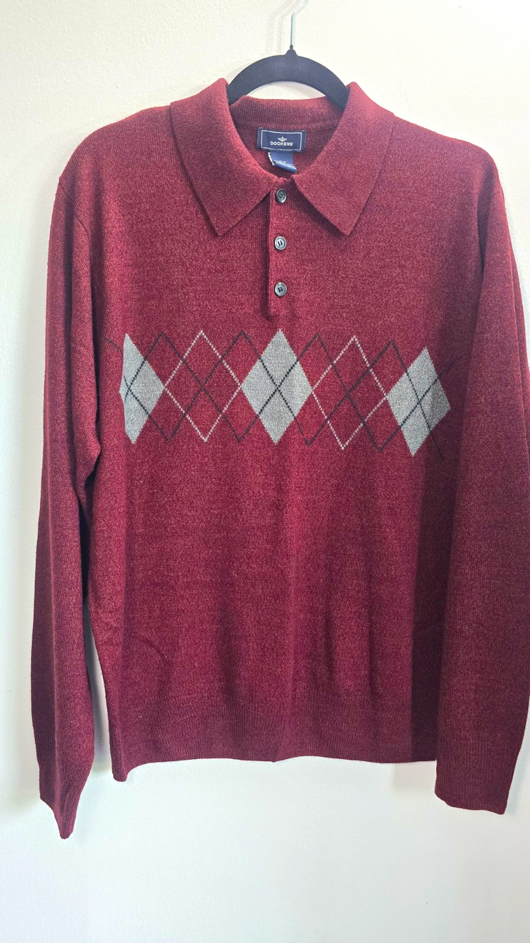 Dockers Men's M Burgundy/Gray Argyle Collared Button Knit Pullover Sweater